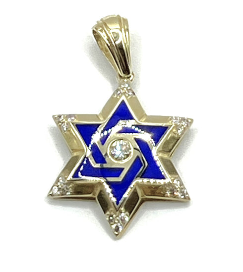 14K Gold & Diamond With Blue Enamel Star of David Necklace
